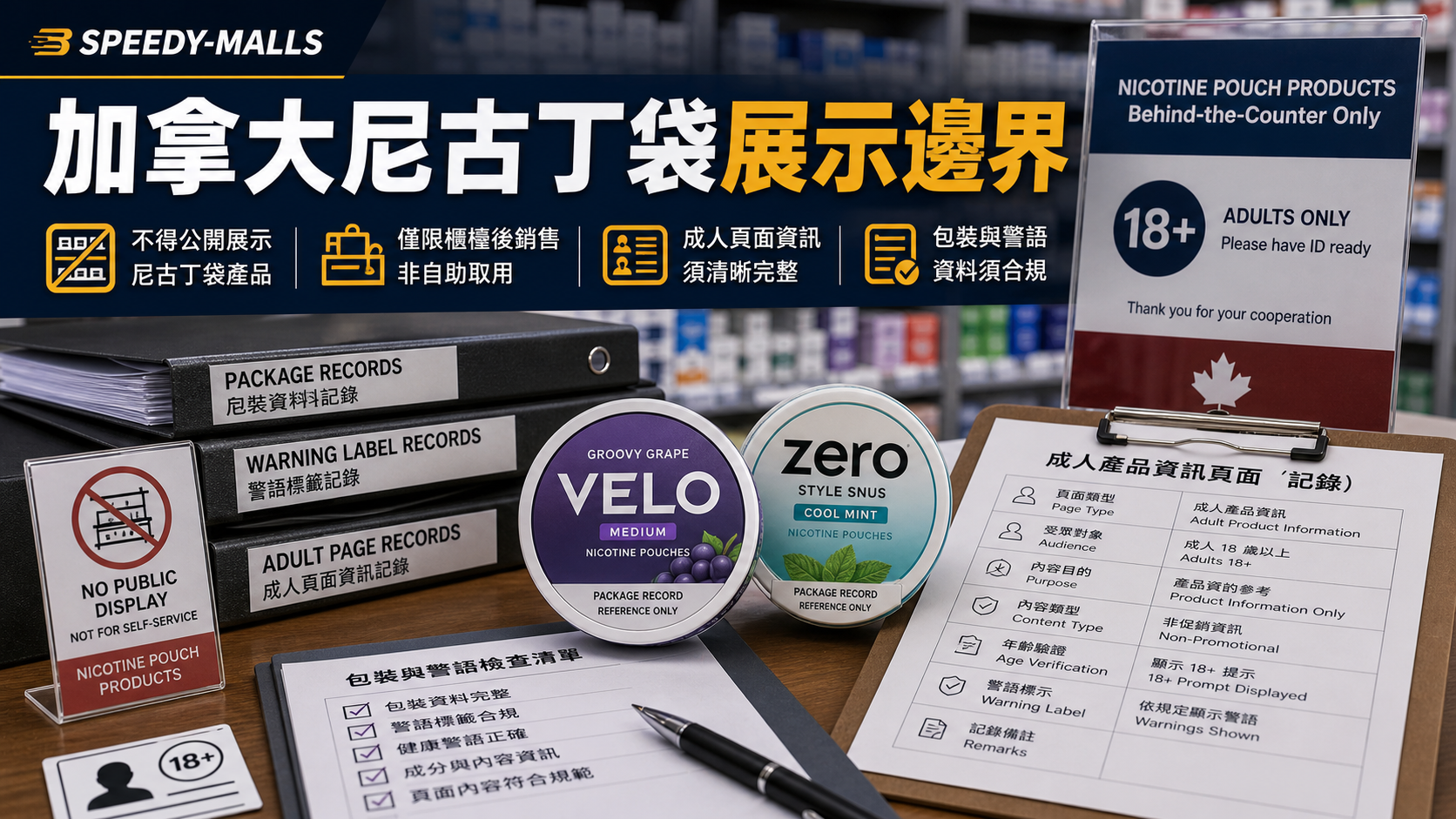 加拿大尼古丁袋展示邊界：成人頁面、包裝圖與分類核對 cover