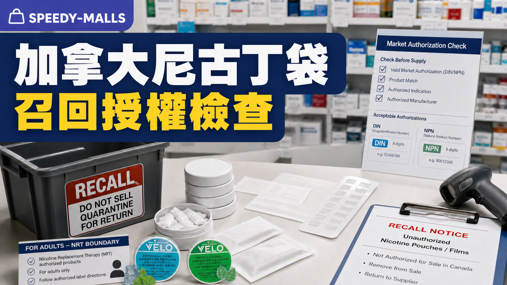 加拿大尼古丁袋與 film 召回：DIN/NPN 授權、4mg 界線與成人頁記錄 cover