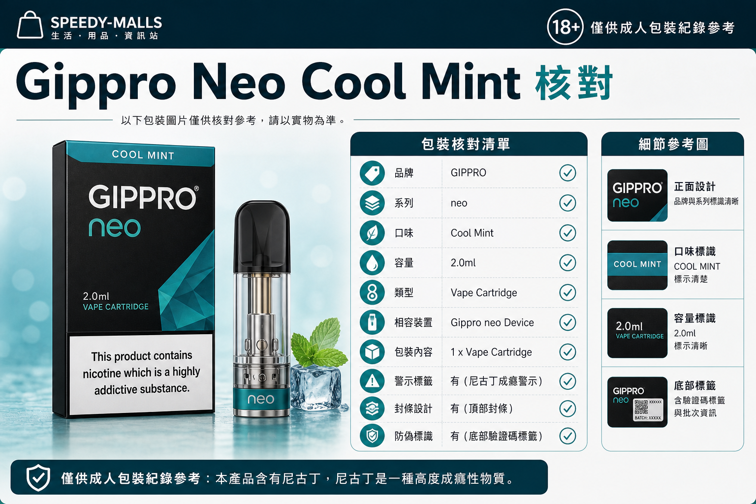 Gippro Neo Cool Mint 核對：口味名稱、cartridge 類別與包裝圖