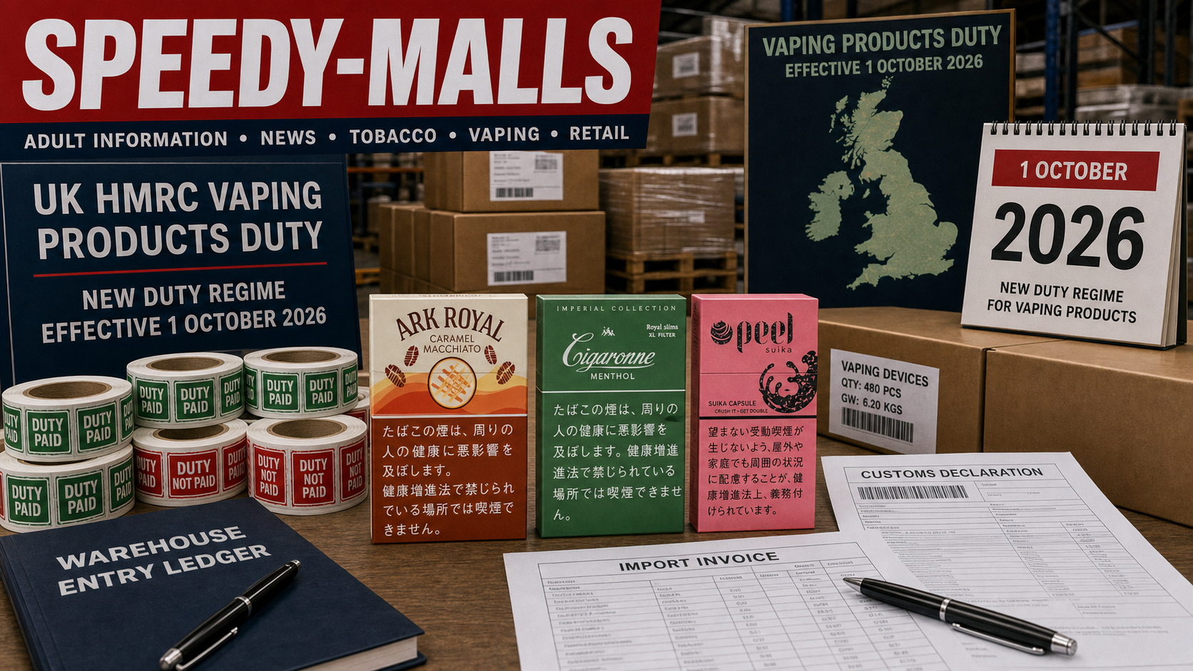 英國 Vaping Products Duty 2026：HMRC duty stamps、進口商、warehousekeeper 與成人 vape 頁面準備 cover