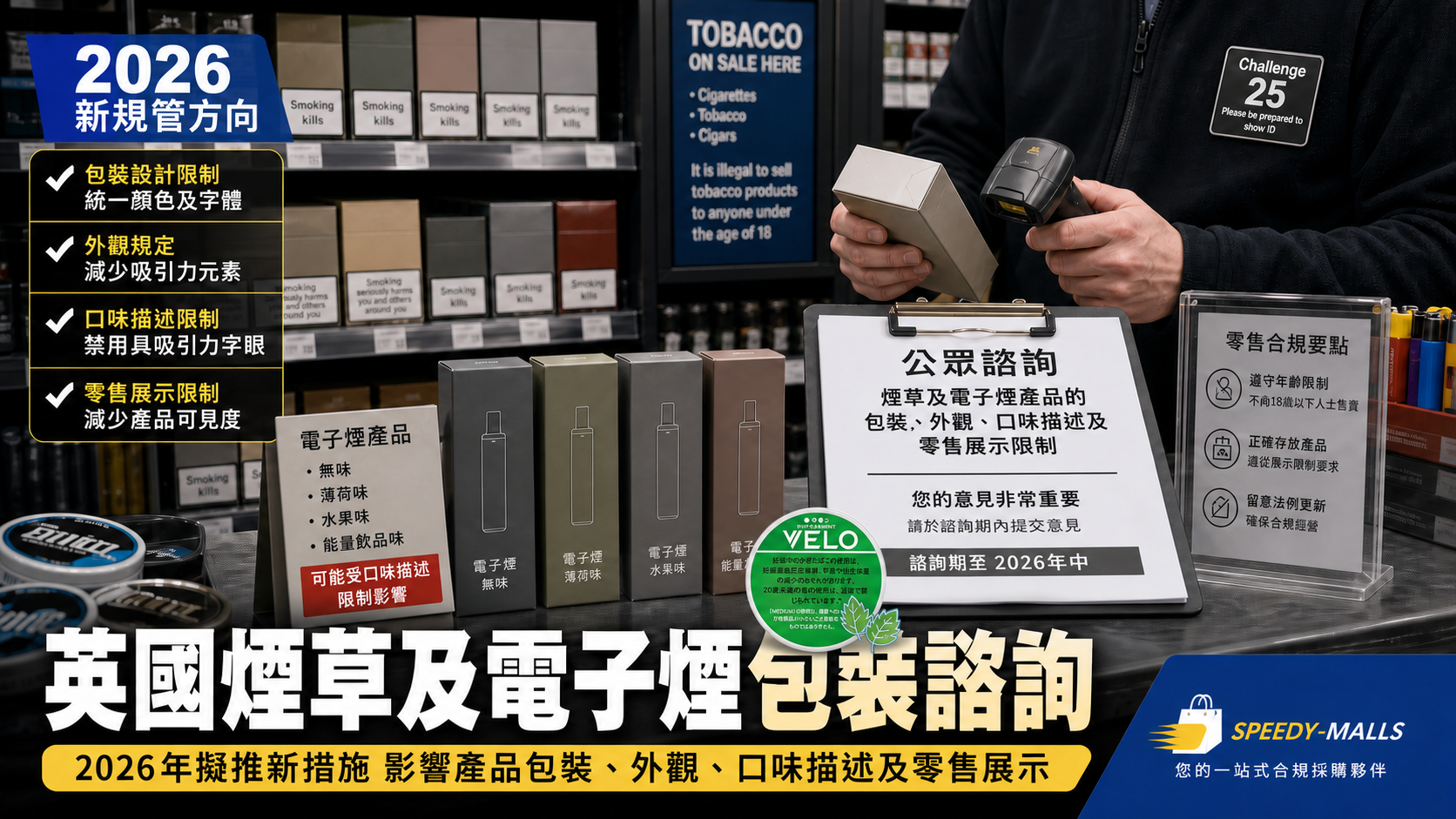 英國煙草及電子煙包裝諮詢：口味描述、外觀與零售展示紀錄