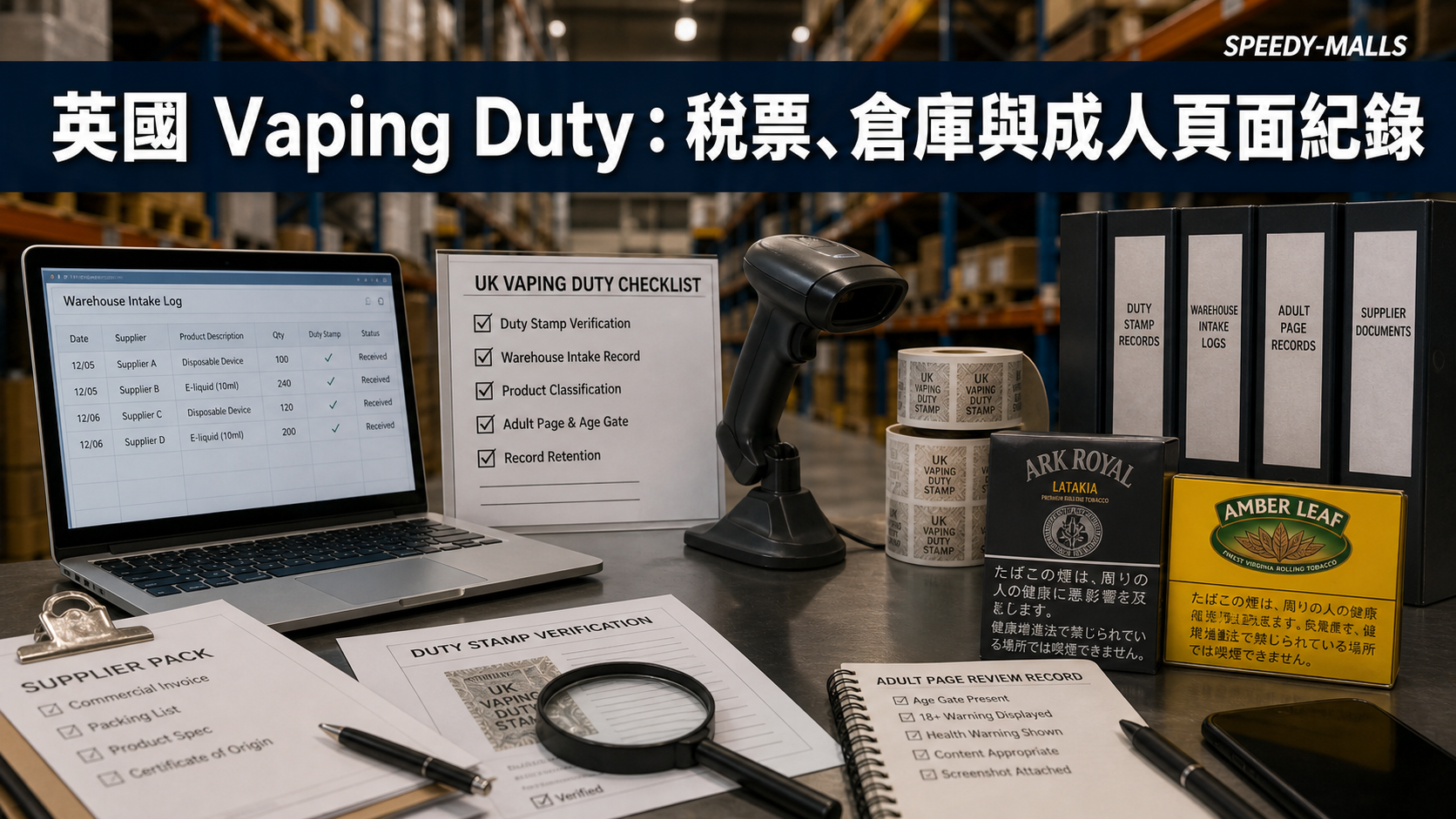 英國 Vaping Duty 稅票準備：warehousekeeper、煙絲參考與成人頁面紀錄 cover