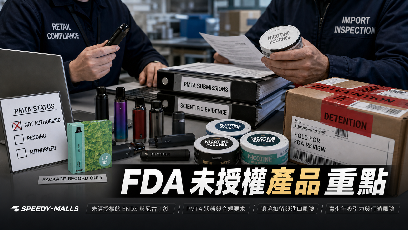 FDA 未授權 ENDS / 尼古丁袋：PMTA、邊境扣查與成人頁面記錄 cover